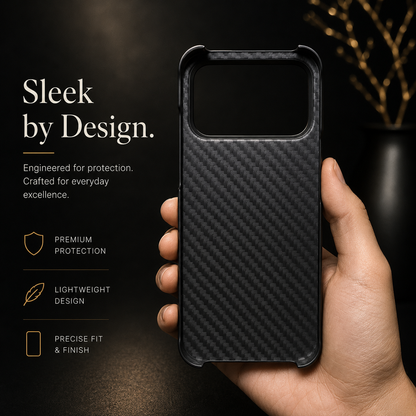 A hand holds an empty black diagonal-woven-pattern phone case upright against a dark background. A wide rectangular camera cutout spans the top, and dark raised rims surround the rounded corners. Text reads Sleek by Design, alongside protection, lightweight and precise-fit icons.