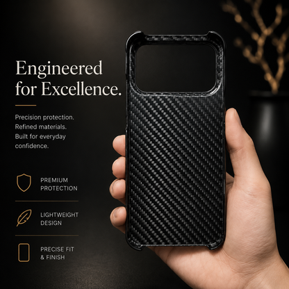 A hand holds a glossy black diagonal woven case upright against a dark background. Its wide camera opening and raised corners are visible; text advertises protection and light weight.