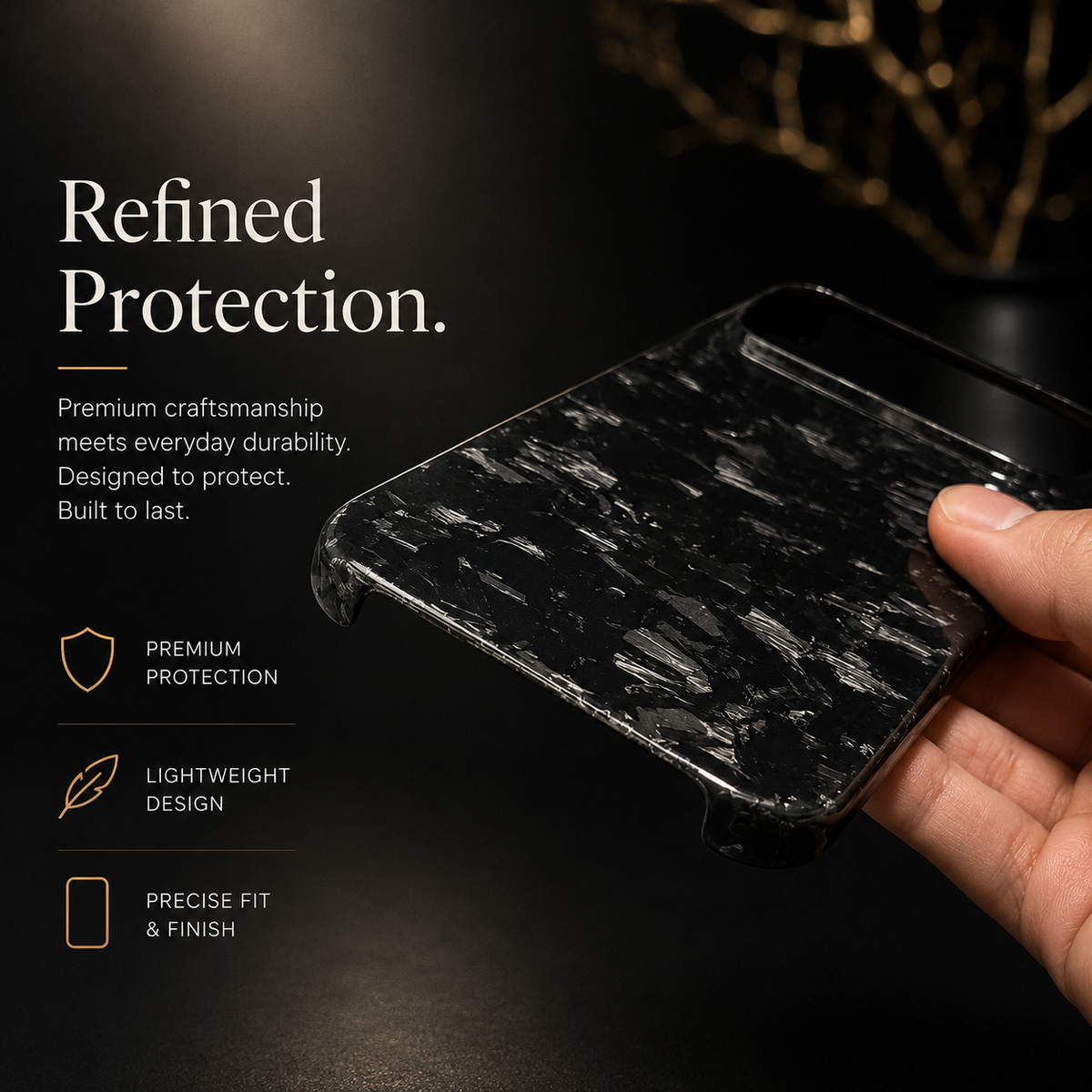 A hand tilts a glossy black case with silver-gray shard-like patches, showing its thin profile and corner openings. Text advertises protection, light weight and precise fit.