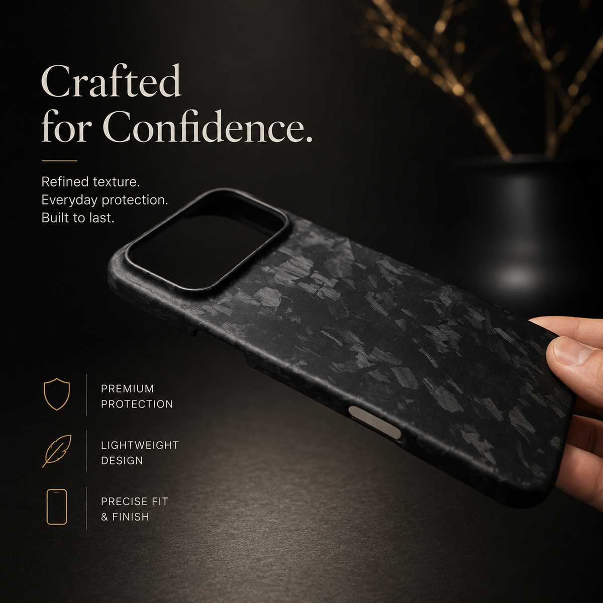 A hand holds a matte black shard-patterned case diagonally, showing its outer back, wide camera opening and side cutout. Text advertises protection, light weight and precise fit.