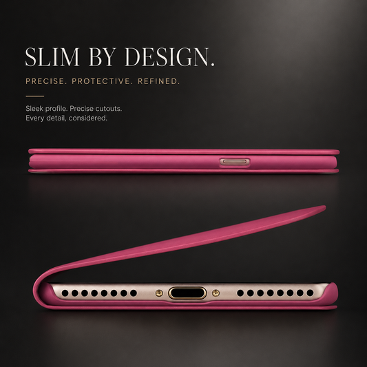 Side and bottom views show a slim magenta flip case closed and partly open. The charging port and speaker holes remain exposed beneath the lifted flap.
