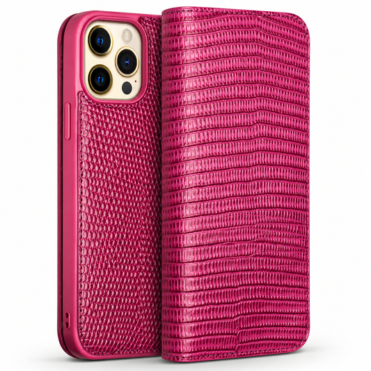 A glossy magenta reptile-textured flip case stands partly open on white. The front flap has narrow horizontal scale-like rows, while the rear shows smaller scales around a three-lens camera opening.