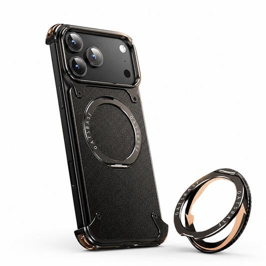 A black case with a textured leather-look back stands upright on a white background beside a separate black circular ring. Metal-looking corner rails have exposed screw details, and a broad camera panel sits above the flat ring on the back.