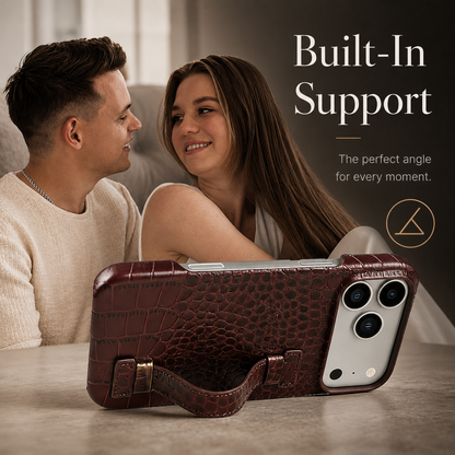 A brown textured case supports a phone horizontally using its curved back strap as a stand. Two people sit smiling at one another behind it.