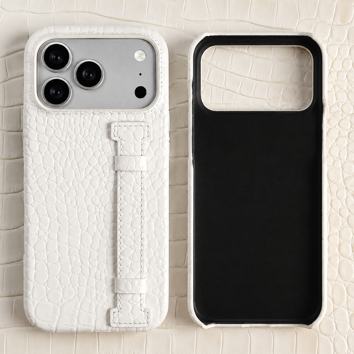 Premium iPhone Case Genuine Cowhide Leather Cover Crocodile Pattern Wrist Strap Kickstand Full Coverage Shockproof Protection