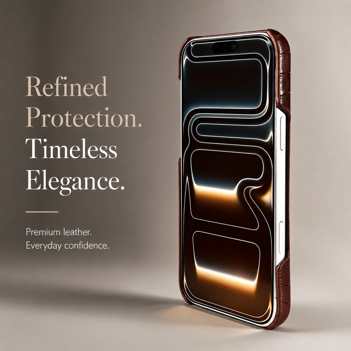 A front-facing phone stands upright in a brown textured case against beige. Raised brown edges frame a screen with dark curved gold lines.