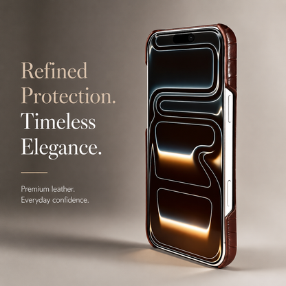 A front-facing phone stands upright in a brown textured case against beige. Raised brown edges frame a screen with dark curved gold lines.