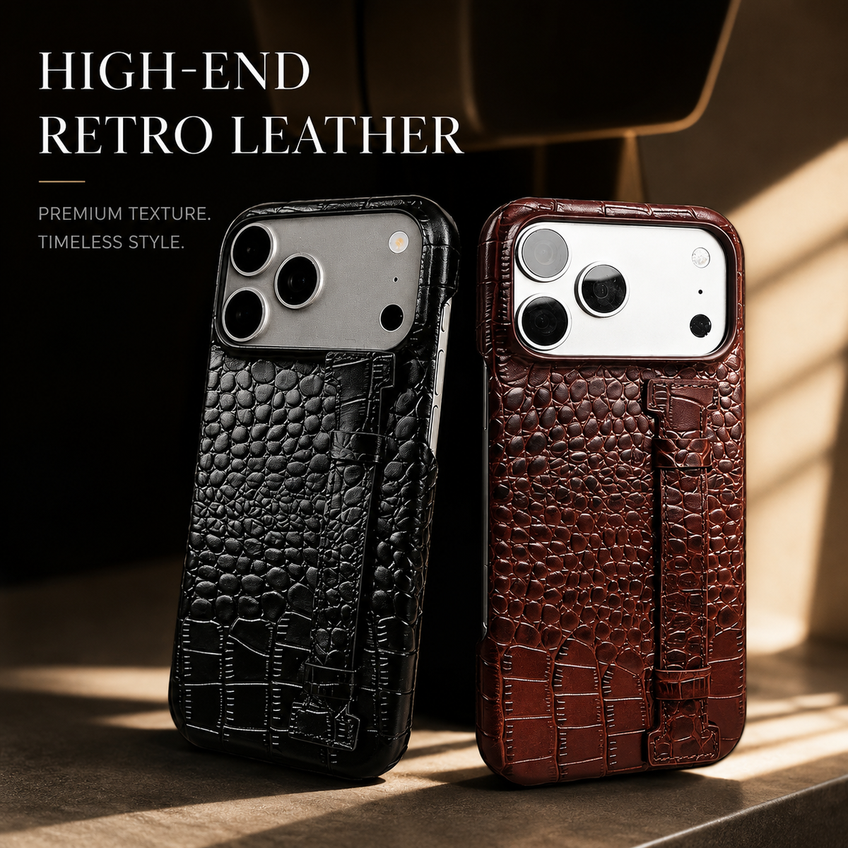 Black and brown crocodile-style cases stand side by side in warm sunlight, showing their textured backs, stitched grip straps and broad camera openings.