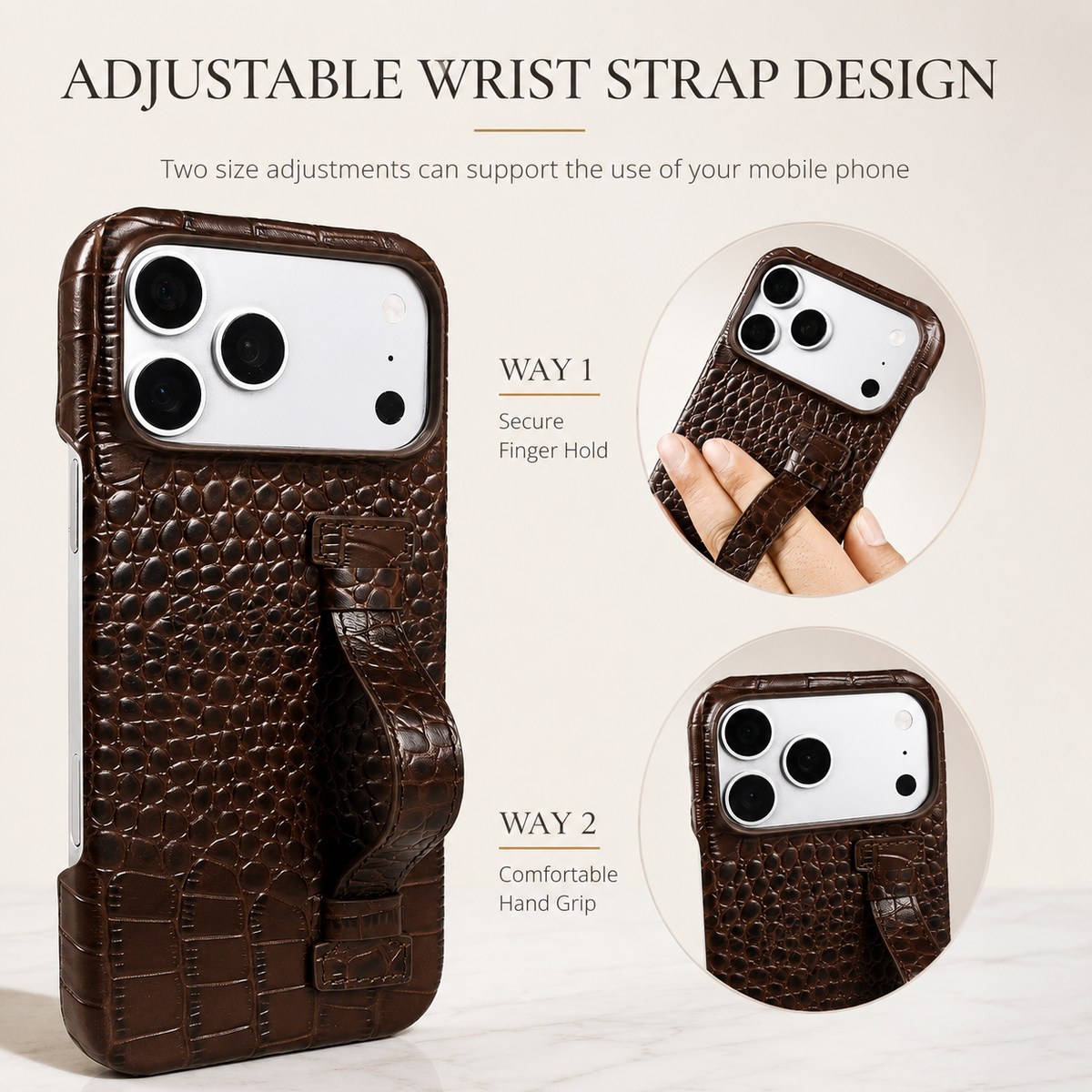A brown textured case shows its back strap pulled into a loop. Circular insets demonstrate a finger and several fingers passing beneath the adjustable strap.