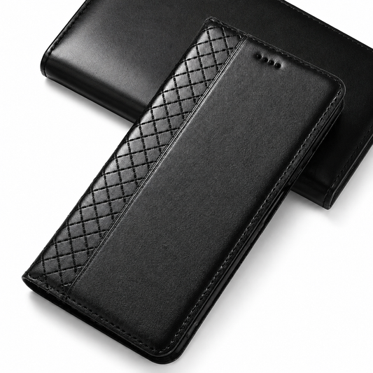 A closed black flip phone wallet lies diagonally across another smooth black cover on white. The front has a narrow diamond-patterned strip along the fold, a smooth broad panel, stitched edges and four small earpiece holes near the top.