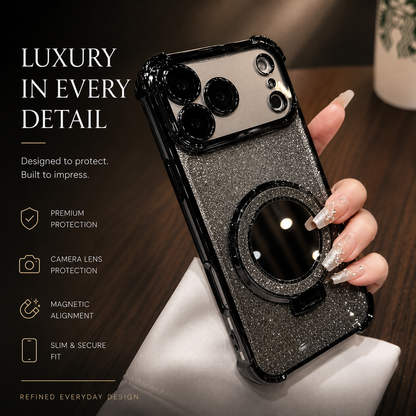 A hand holds a black-trimmed gray glitter phone case upright, with its round rear mirror folded flat. Text headed “Luxury in Every Detail” advertises protection, magnetic alignment and a slim fit.