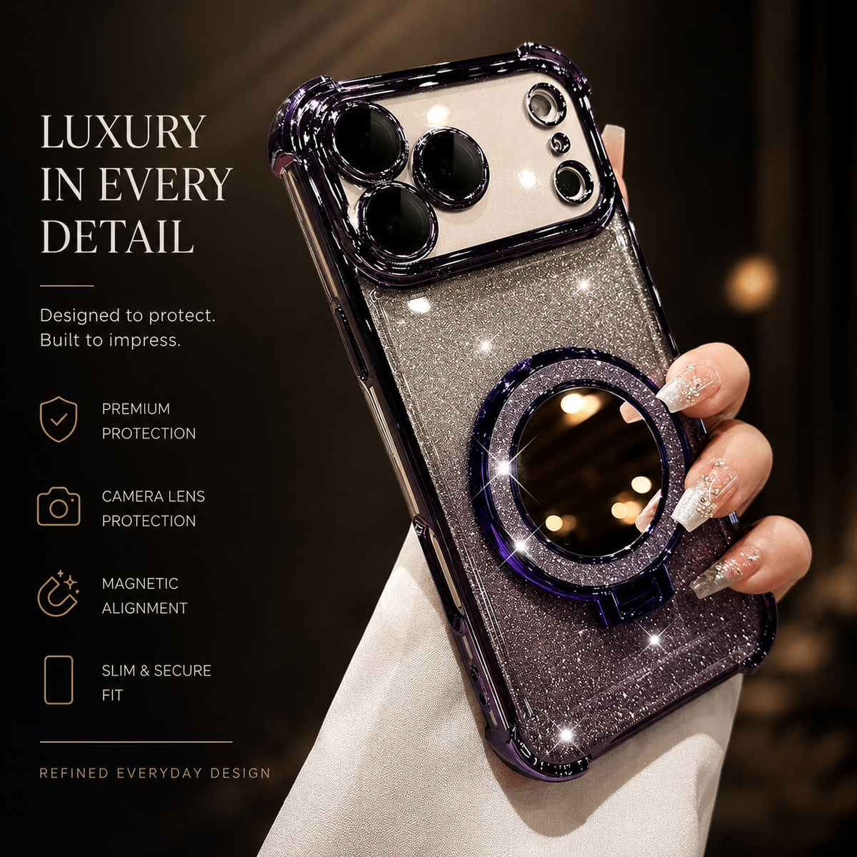 A hand displays a purple-trimmed gray glitter phone case upright. Its circular mirror is folded flat beneath the camera panel, alongside text advertising protection, magnetic alignment and a slim fit.
