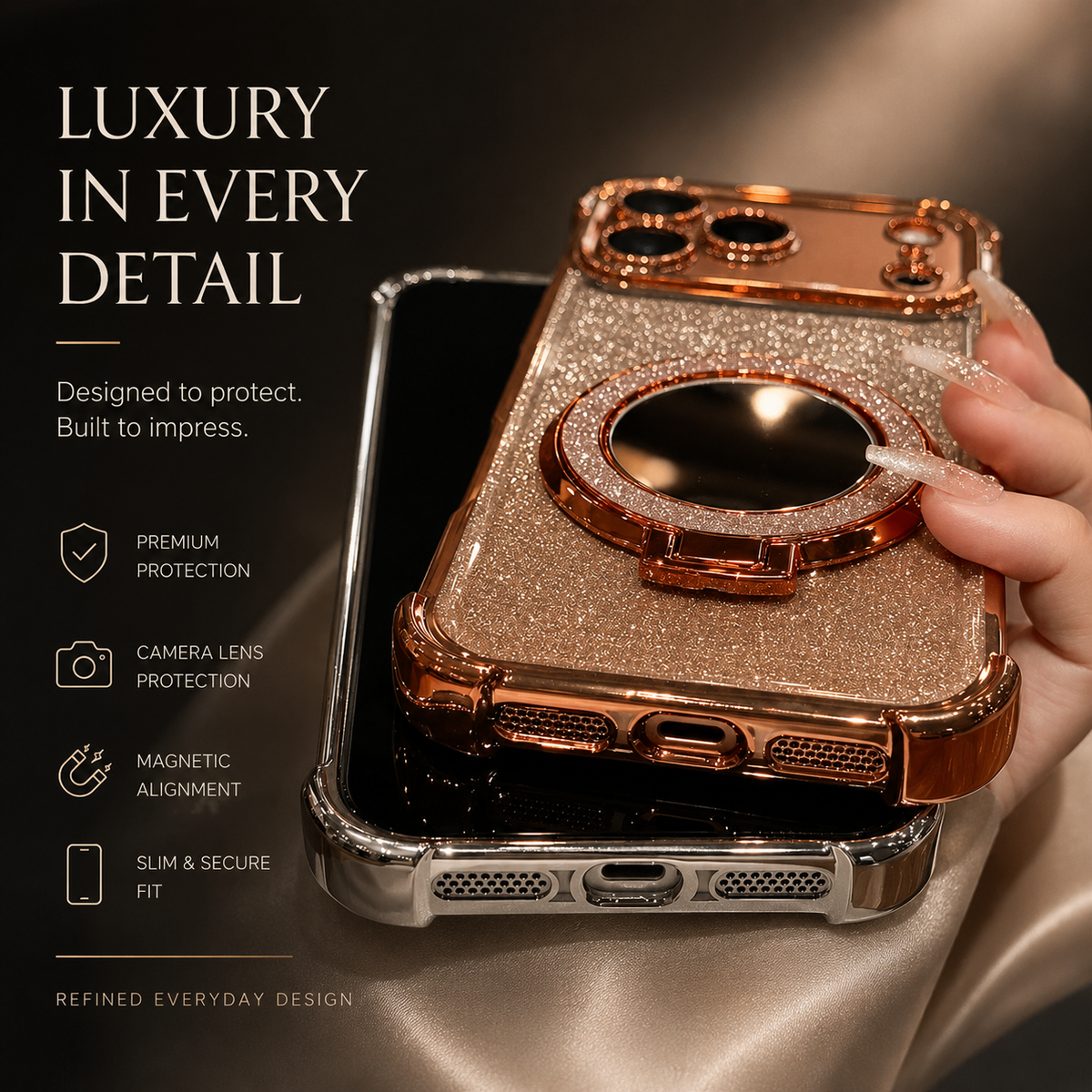 A copper-trimmed glitter case is held above a phone with a black screen, exposing the case’s bottom charging and speaker openings. Its rear mirror is folded flat; text advertises protection and magnetic alignment.