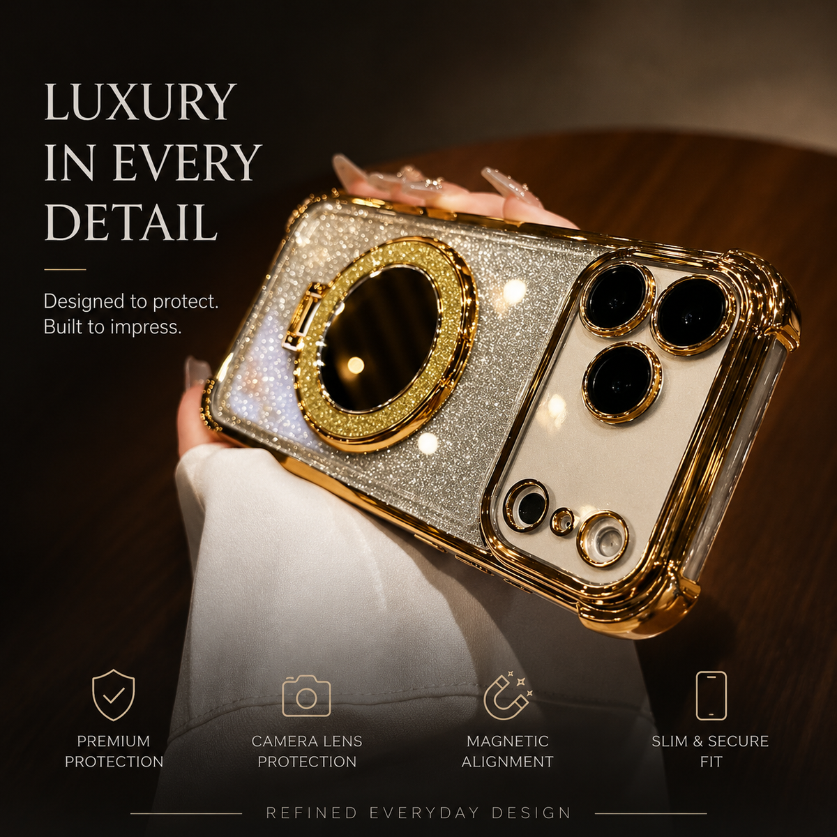 A hand holds a gold-trimmed silver glitter phone case horizontally, displaying its large round rear mirror. Text headed “Luxury in Every Detail” advertises protection, magnetic alignment and a slim fit.