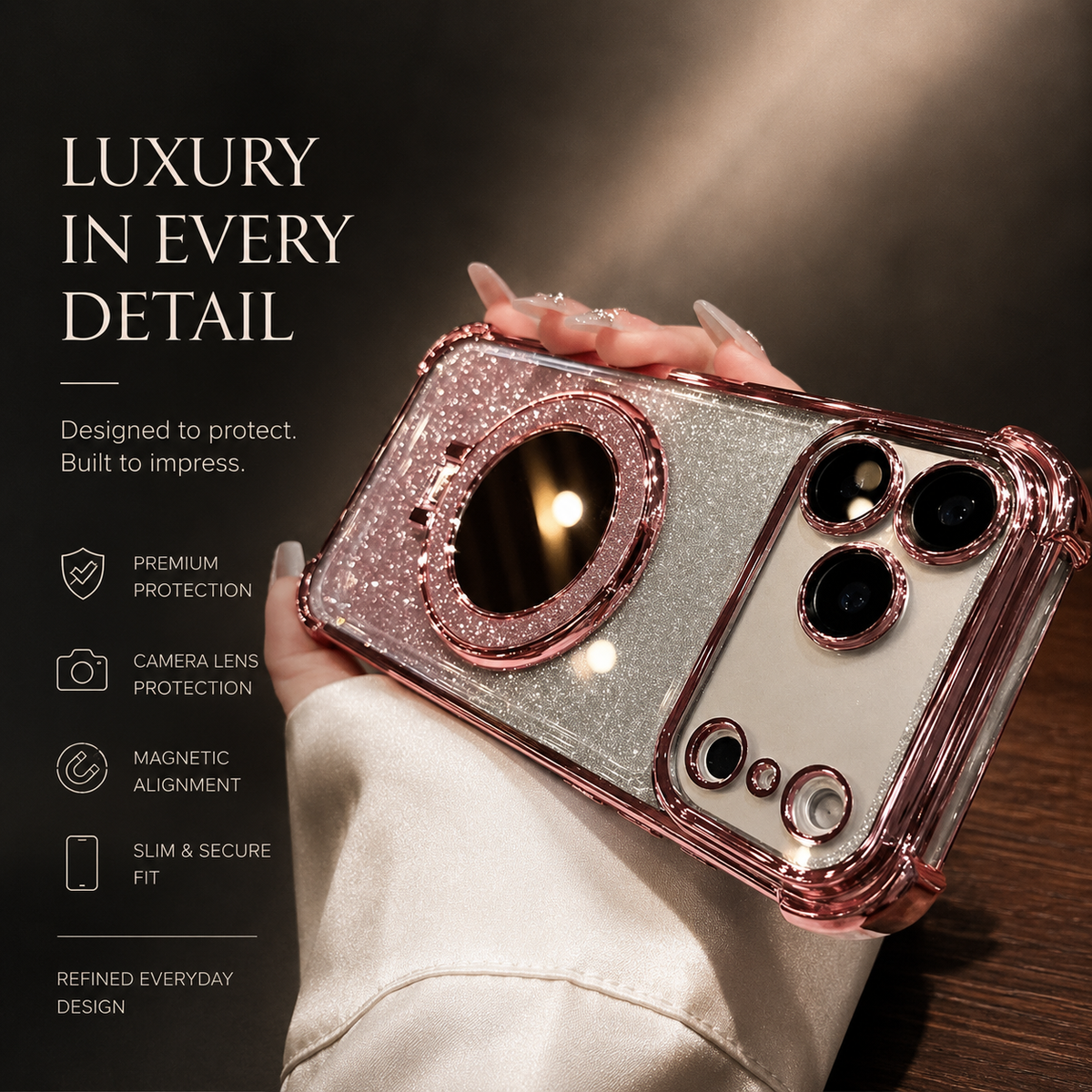 A pink-trimmed silver glitter phone case is held horizontally, with a round mirror centered on its back. Accompanying text advertises protection, magnetic alignment and a slim fit.