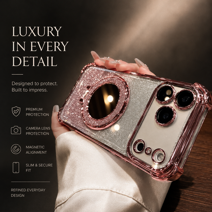 A pink-trimmed silver glitter phone case is held horizontally, with a round mirror centered on its back. Accompanying text advertises protection, magnetic alignment and a slim fit.