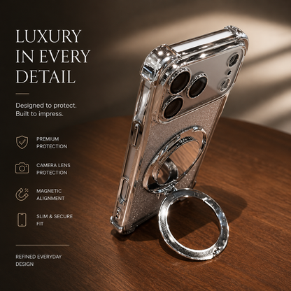 A silver glitter phone case stands upright on a wooden table, supported by its hinged circular mirror and ring attachment. Promotional text advertises protection, magnetic alignment and a slim fit.