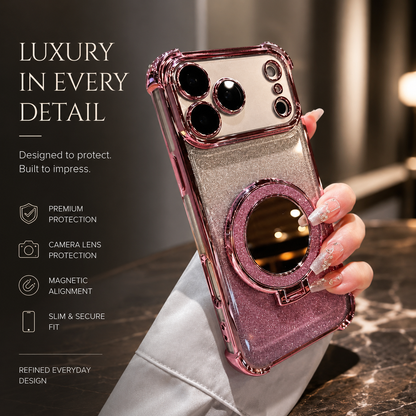 A hand holds a pink-trimmed silver glitter phone case upright. Its circular mirror is folded flat beneath the camera panel, beside text advertising protection, magnetic alignment and a slim fit.