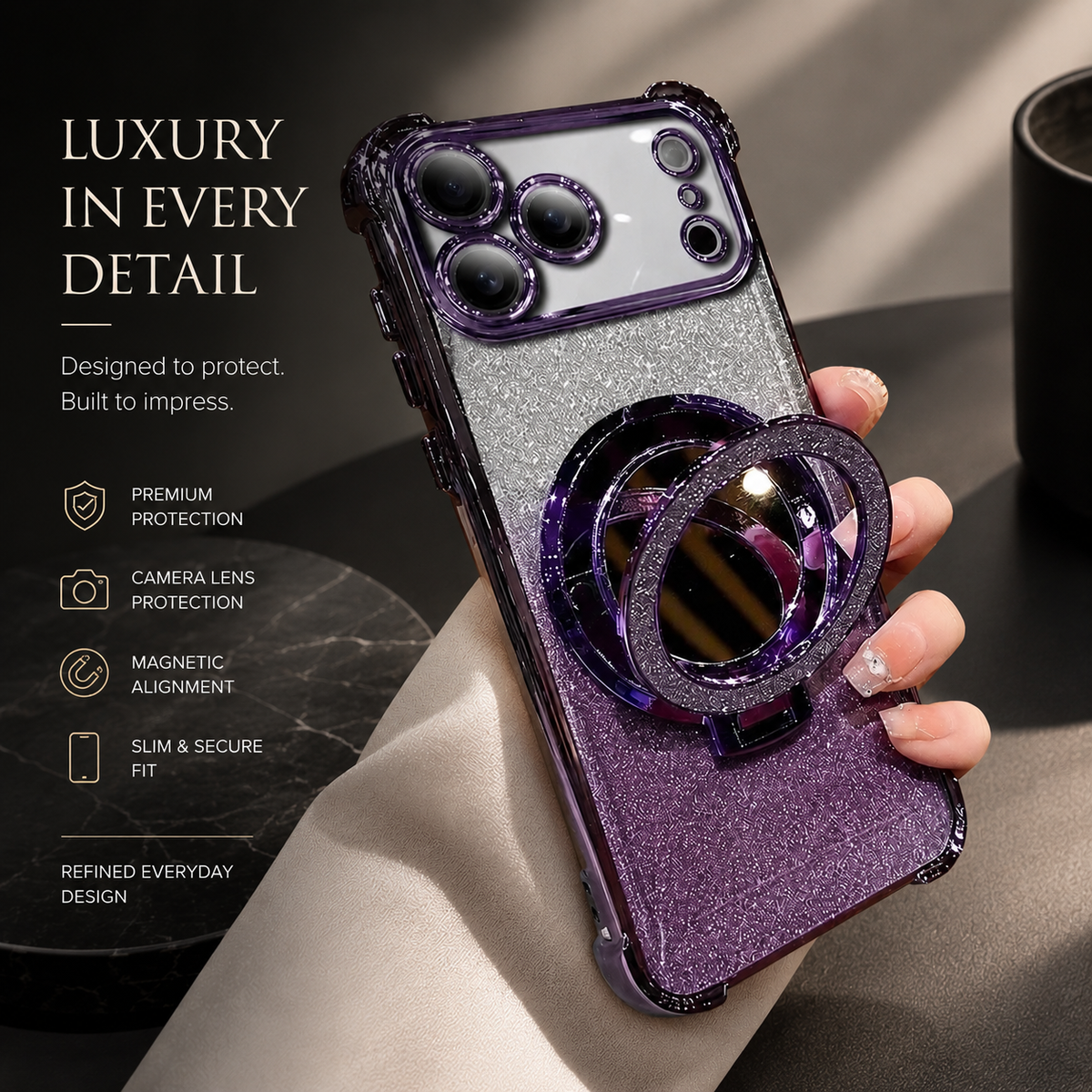 A hand holds a purple-trimmed glitter phone case upright with the circular ring raised around its rear mirror. Text advertises protection, magnetic alignment and a slim fit.
