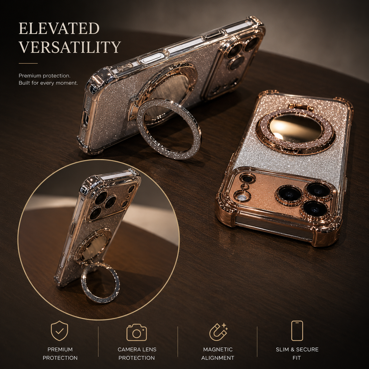 A copper-trimmed silver glitter phone case is shown lying flat and propped horizontally on its circular ring stand. A small inset shows upright use; “Elevated Versatility” text advertises protection and magnetic alignment.