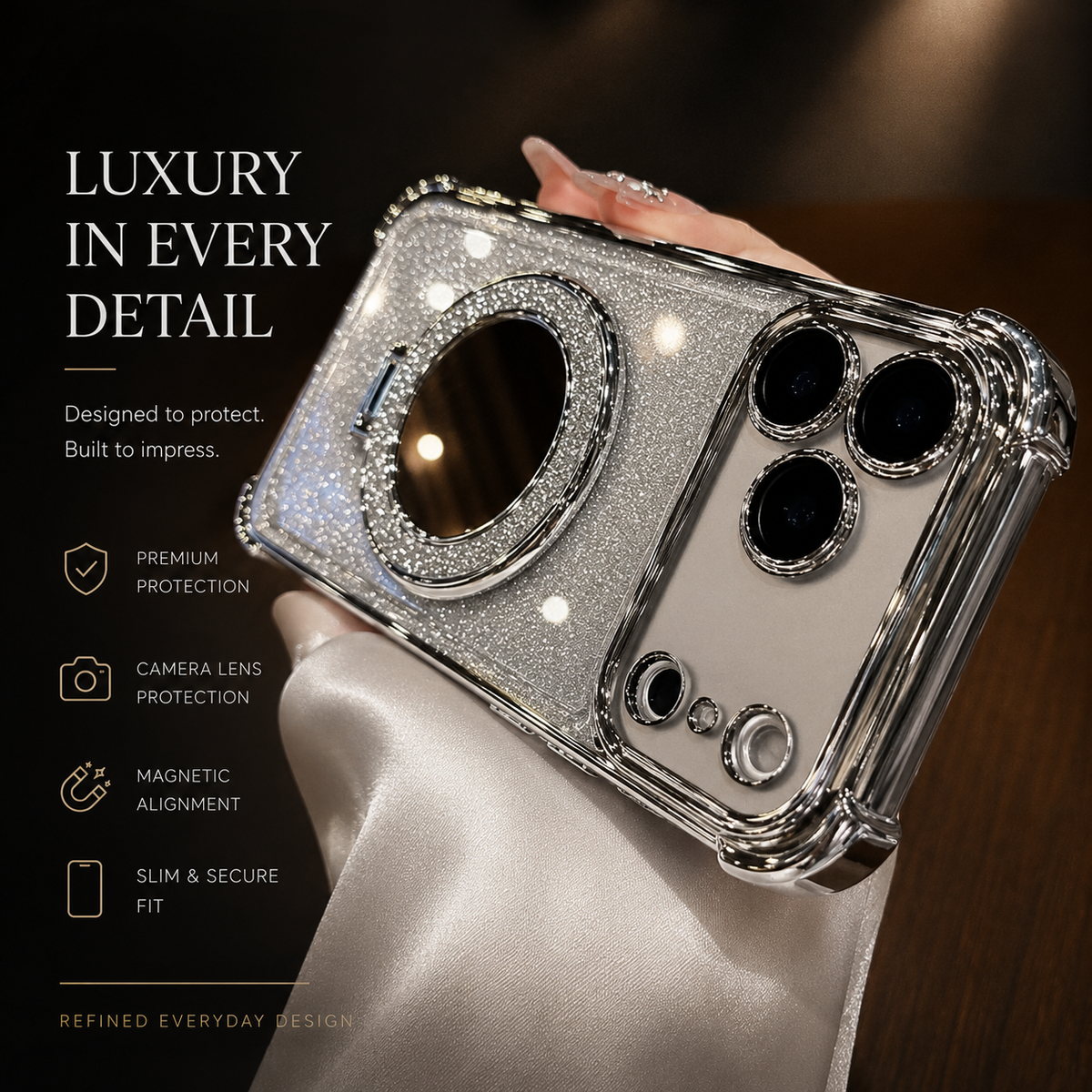 A hand displays a silver glitter phone case horizontally, showing its round rear mirror and camera surrounds. Text headed “Luxury in Every Detail” advertises protection, magnetic alignment and a slim fit.