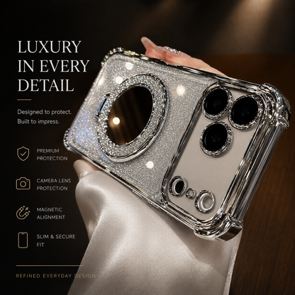 A hand displays a silver glitter phone case horizontally, showing its round rear mirror and camera surrounds. Text headed “Luxury in Every Detail” advertises protection, magnetic alignment and a slim fit.