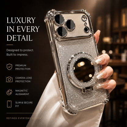 A silver glitter phone case is held upright with its circular mirror folded flat against the back. Promotional text headed “Luxury in Every Detail” advertises camera protection, magnetic alignment and a slim fit.