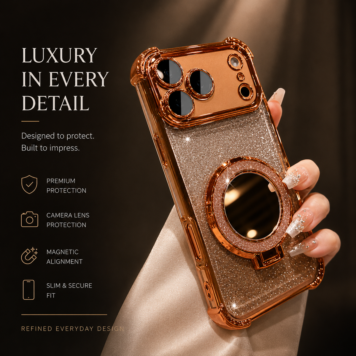 A hand holds a copper-trimmed champagne glitter phone case upright. Its round mirror lies flat on the back; accompanying text advertises protection, magnetic alignment and a slim fit.