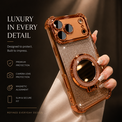 A hand holds a copper-trimmed champagne glitter phone case upright. Its round mirror lies flat on the back; accompanying text advertises protection, magnetic alignment and a slim fit.