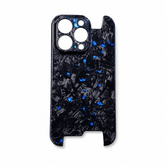 A glossy black phone case stands on white with irregular gray and blue flecks, individual circular camera openings and broad cutouts along the top and bottom edges.