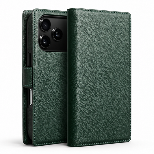 Front and rear views show a dark green textured flip case standing on white, with plain stitched panels and a broad camera opening.