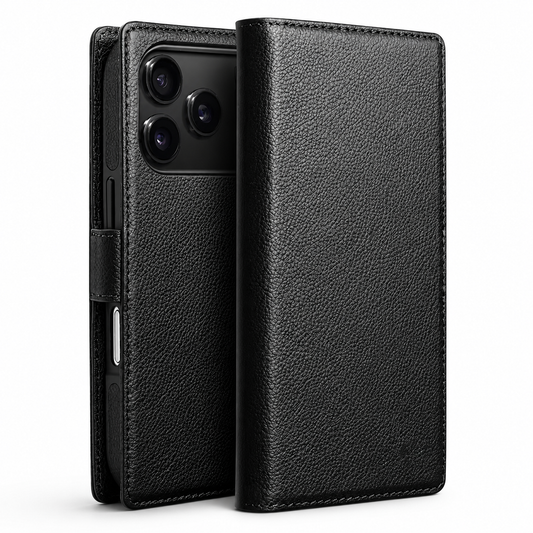 Front and rear views show a plain black textured flip case standing on white. Stitched edges outline its front flap and broad rear camera opening.