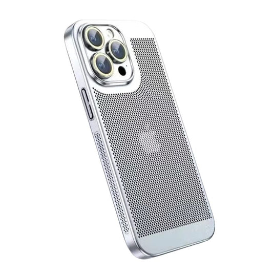 A silver-colored phone case is shown at an angle against white. Dense tiny perforations cover the back and side beneath a glossy raised three-camera surround.