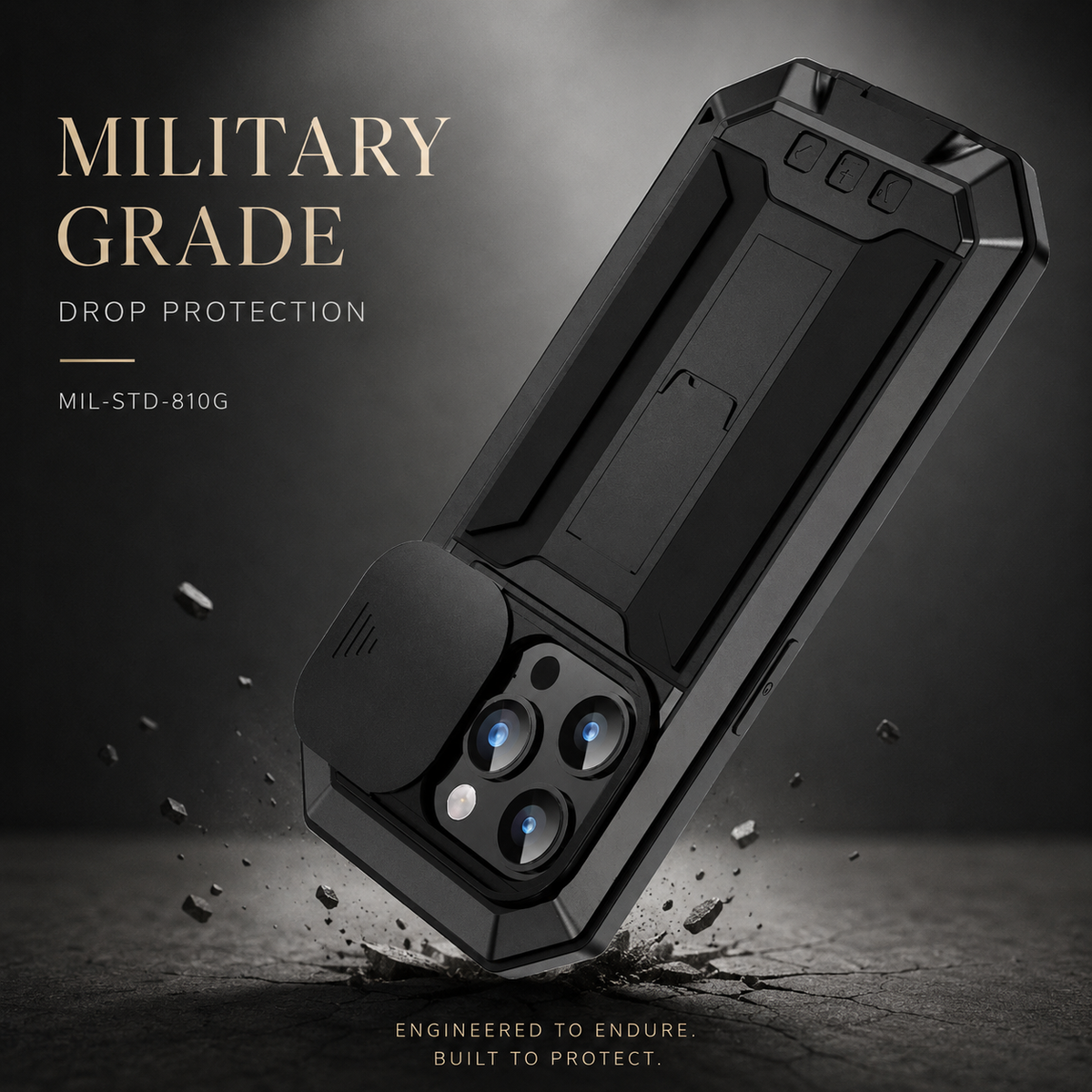 A black rugged case is illustrated striking cracked ground at its camera end beneath Military Grade Drop Protection.