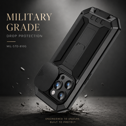 A black rugged case is illustrated striking cracked ground at its camera end beneath Military Grade Drop Protection.