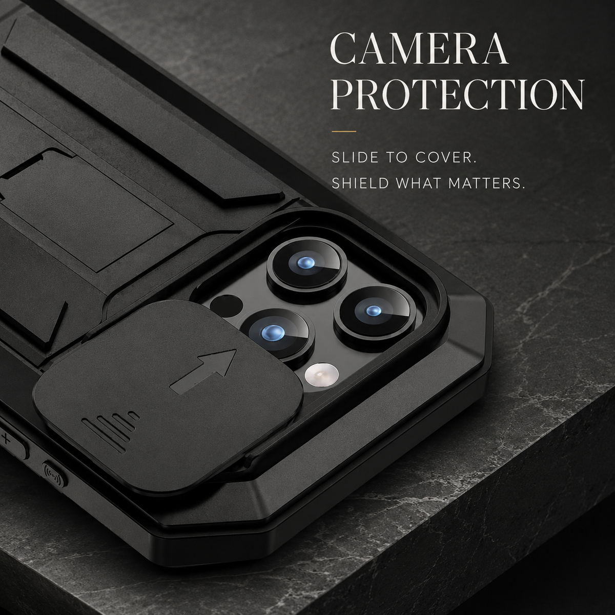 A close camera-section view shows a black sliding cover partly across three lenses, with an arrow indicating movement.