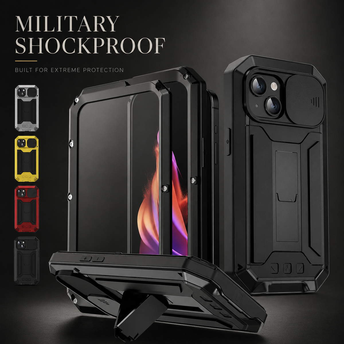 Black rugged cases are shown upright and horizontally on a kickstand, with smaller colored frame examples beside them.