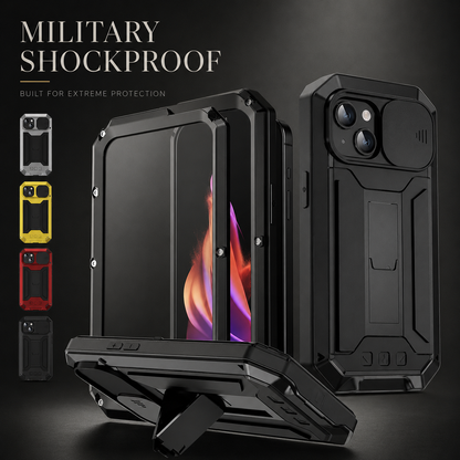 Black rugged cases are shown upright and horizontally on a kickstand, with smaller colored frame examples beside them.