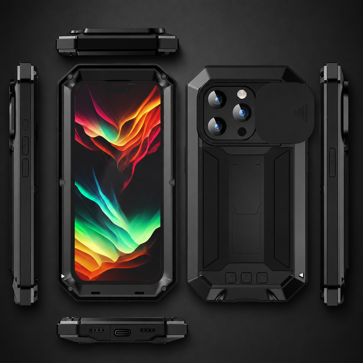 Six views of a black rugged case show its front, rear, sides, top and bottom against dark gray.