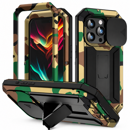 A camouflage rugged case appears with separated front frame and extended rear kickstand, showing its black sliding camera cover.