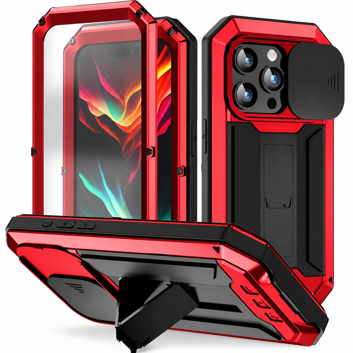 A red rugged case is shown with separated front frame and a horizontal view supported by a black rear kickstand.