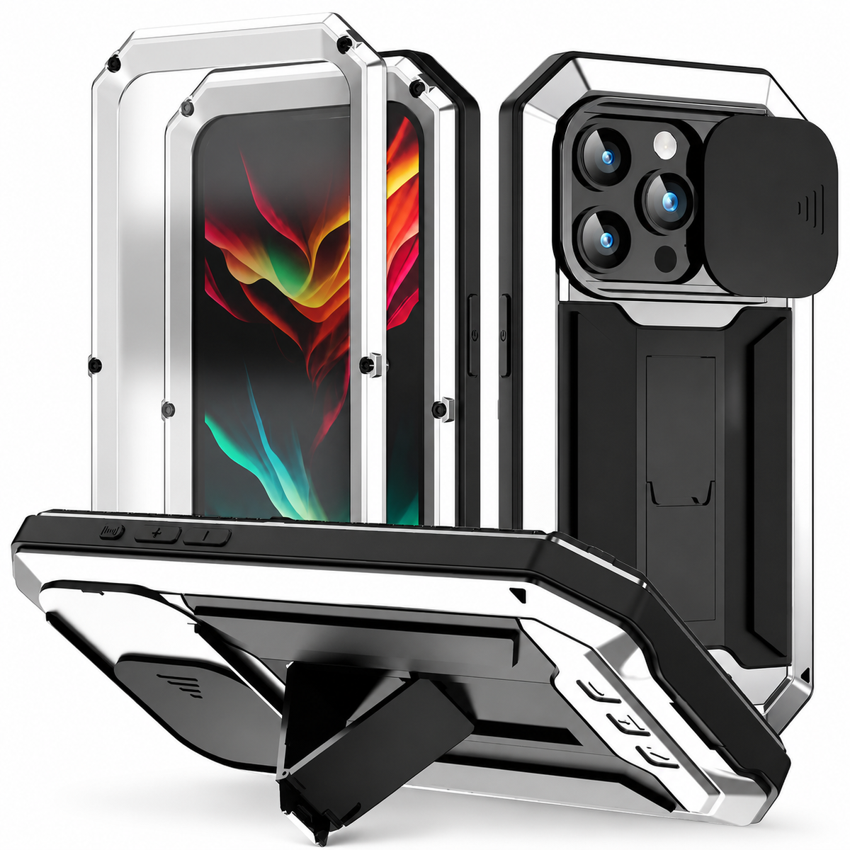 A silver rugged case is shown with separated front frame, black camera slider and extended rear kickstand.