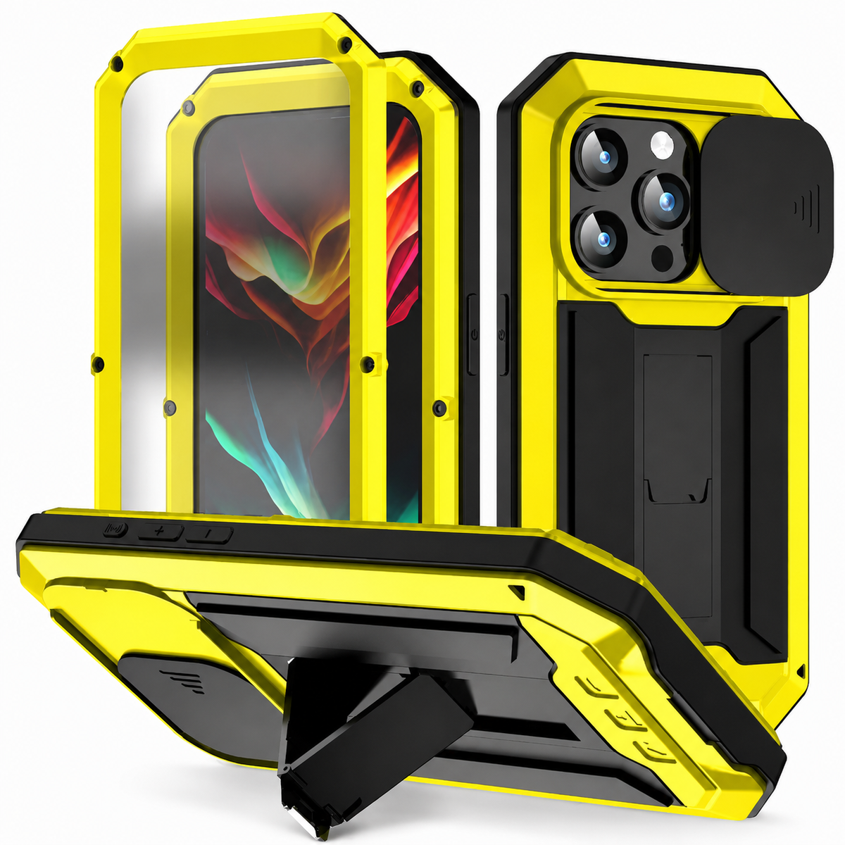 A yellow rugged case appears with separated front frame and extended black kickstand supporting a horizontal phone.