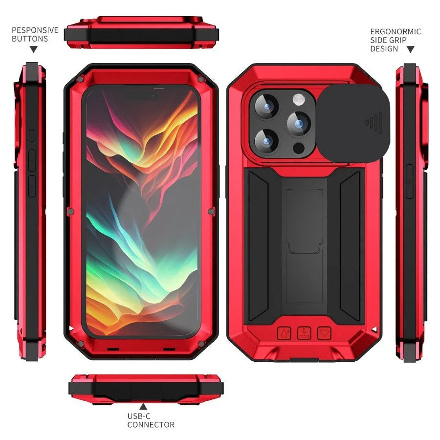 Front, rear, top, bottom and side views of a red rugged case show its camera slider, side grips, buttons and bottom charging-port opening.