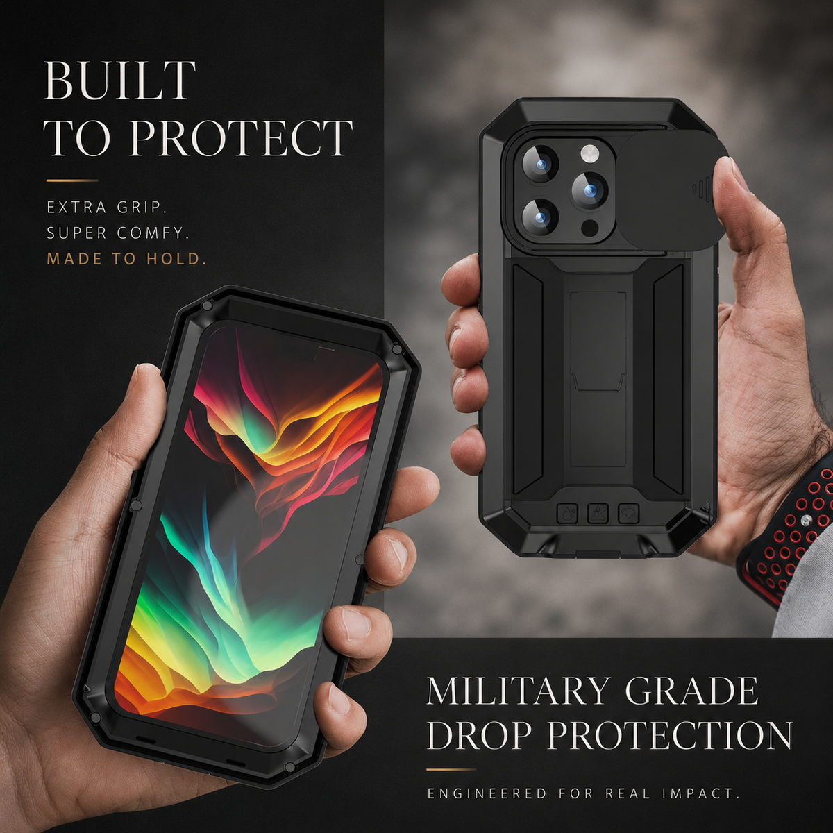 Hands hold front and rear views of a black rugged case beneath Built to Protect and Military Grade Drop Protection.