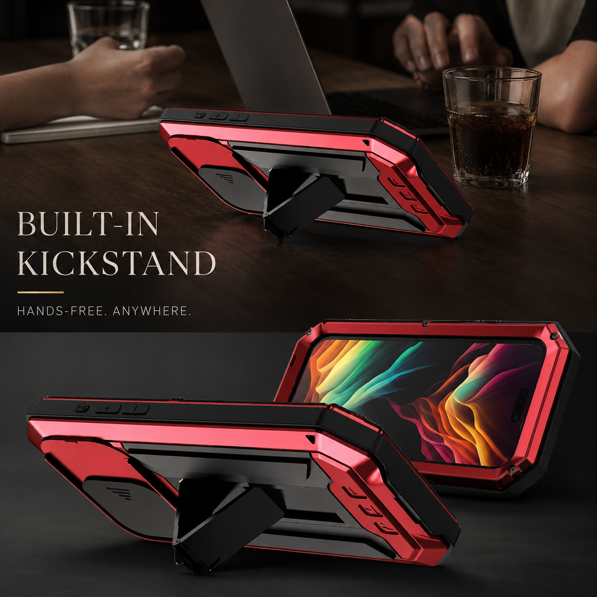 A red rugged case supports a phone horizontally on its rear kickstand on a table beside a laptop and drinks. Additional stand angles appear below.