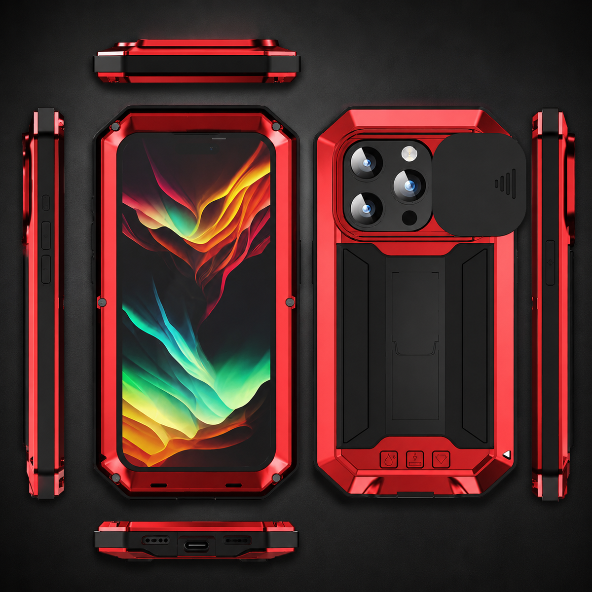 Six views of a red rugged case show its front, rear, sides, top and bottom against dark gray.