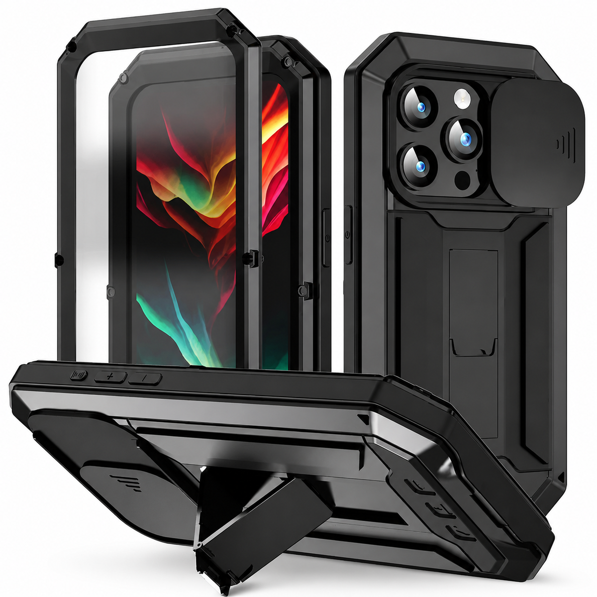 A black rugged case is shown with its front frame separated and a horizontal view supported by an extended rear kickstand. A sliding camera cover sits above the rectangular back panel.
