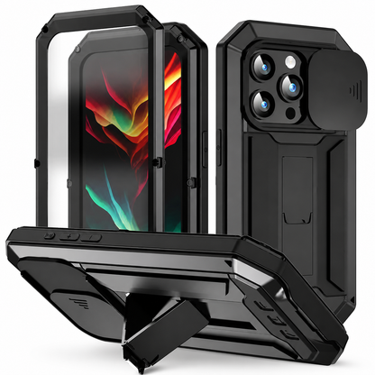 A black rugged case is shown with its front frame separated and a horizontal view supported by an extended rear kickstand. A sliding camera cover sits above the rectangular back panel.