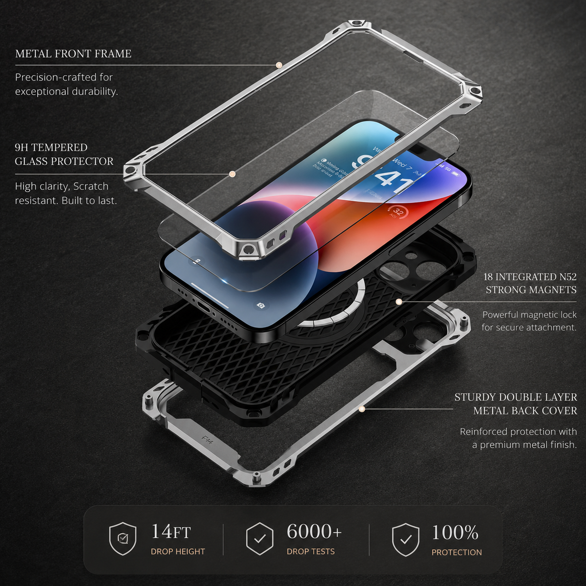 An exploded diagram separates the silver-colored front frame, glass protector, phone, magnetic rings, cushioning layer and rear shell. Text labels a fourteen-foot drop height and over 6,000 tests.